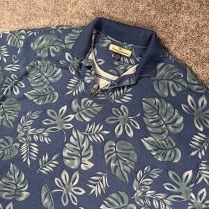 VTG Tommy Bahama Polo Shirt Mens L Blue Monstera Print Silk Blend Ribbed
